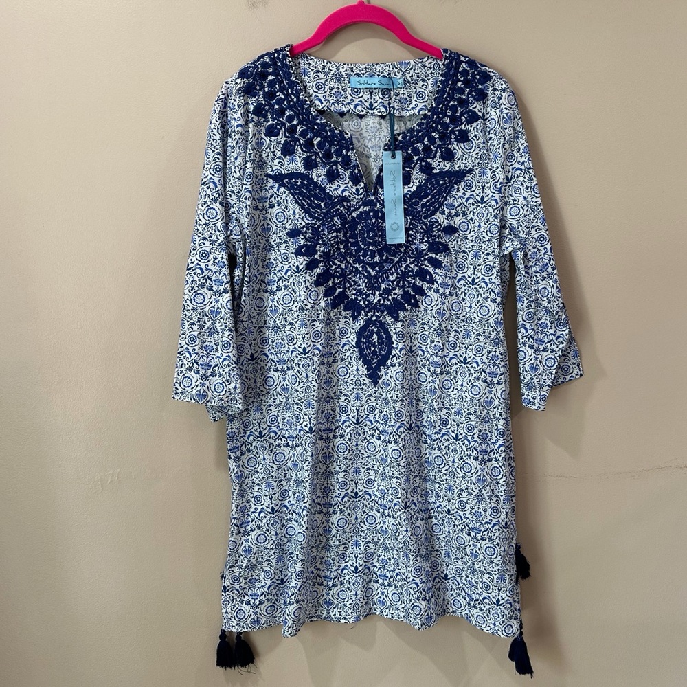 Solitaire Swim Coverup Tunic Dress Blue White Embroidered Tassels Women’s M NWT